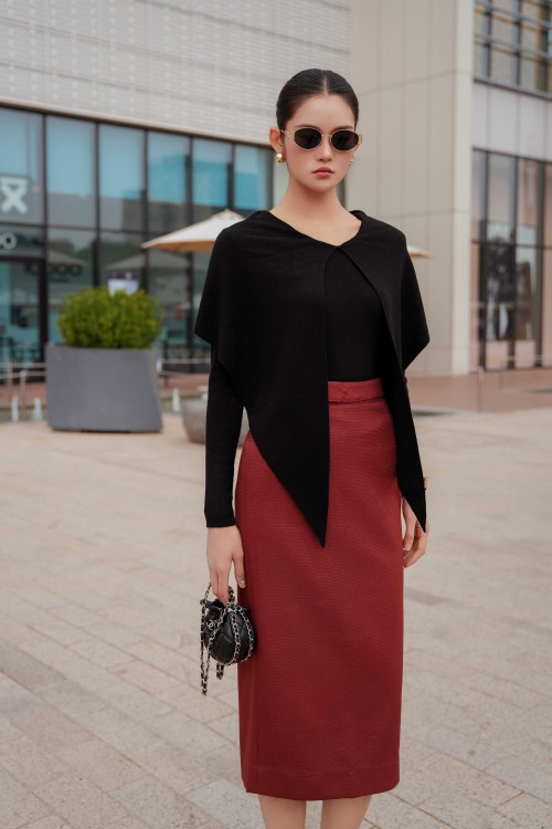 Sixdo Orangish Brown Straight Woven Midi Skirt